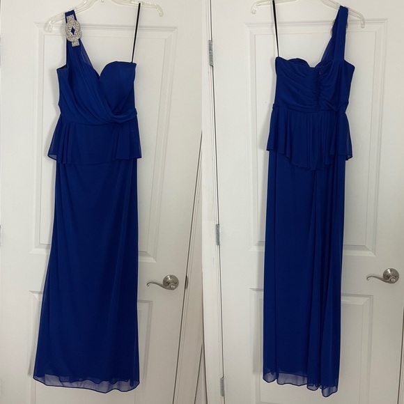 Xscape Dresses & Skirts - XSCAPE Royal Blue One Shoulder Peplum Gown Rhinestones Formal Wedding Guest Prom